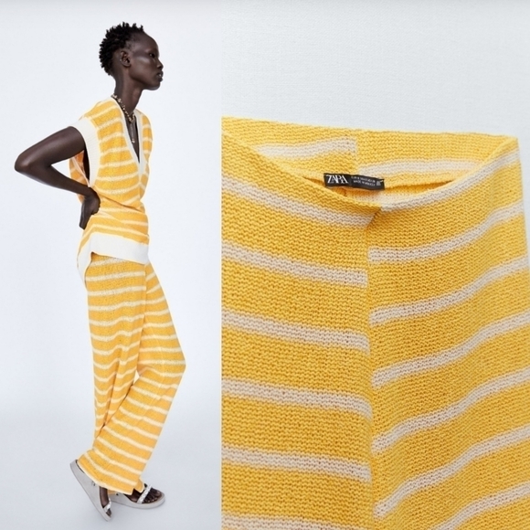 Zara Rustic Striped Knit High Waist Pants & Top Loungewear Set NWT Medium - Picture 4 of 15